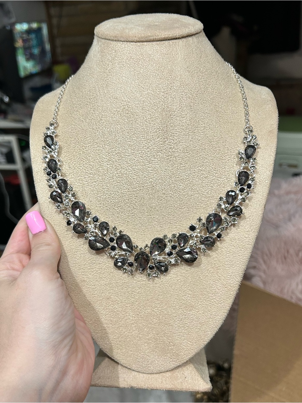 Silver Tone Smokey Grey Rhinestone Teardrop Bib Statement Necklace